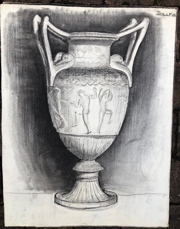 1 from 4 Medici vases, charcoal academic drawings  , signed and dated by Jean Dollfus , 1924
