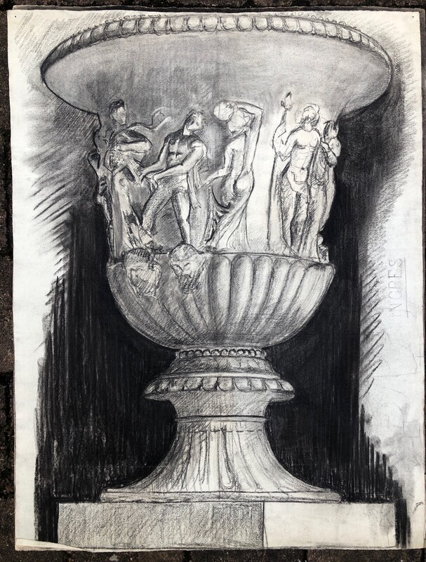 2 from 4 Medici vases, charcoal academic drawings  , signed and dated by Jean Dollfus , 1924