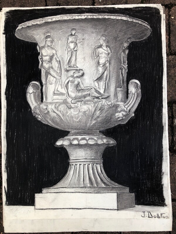 4 for 4 Medici vases, charcoal academic drawings  , signed and dated by Jean Dollfus , 1924