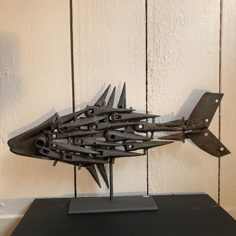 brutalist sculpture of a fish made of scrap , signed Gouvy