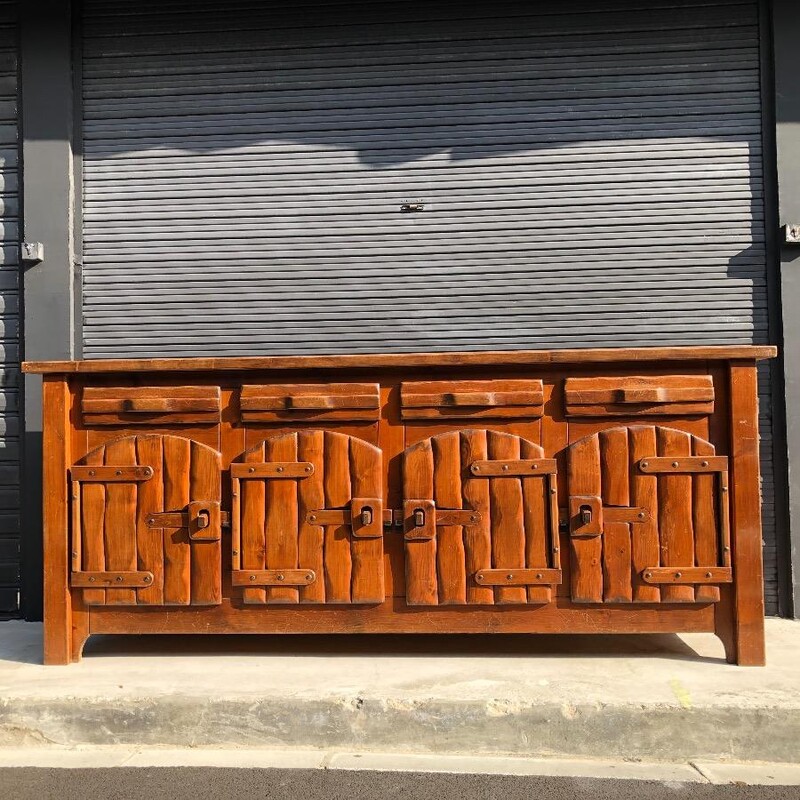 enfilade , dressoir , sideboard , credenza , brutalist , sculpted in chestnut wood , Alps mountain furniture