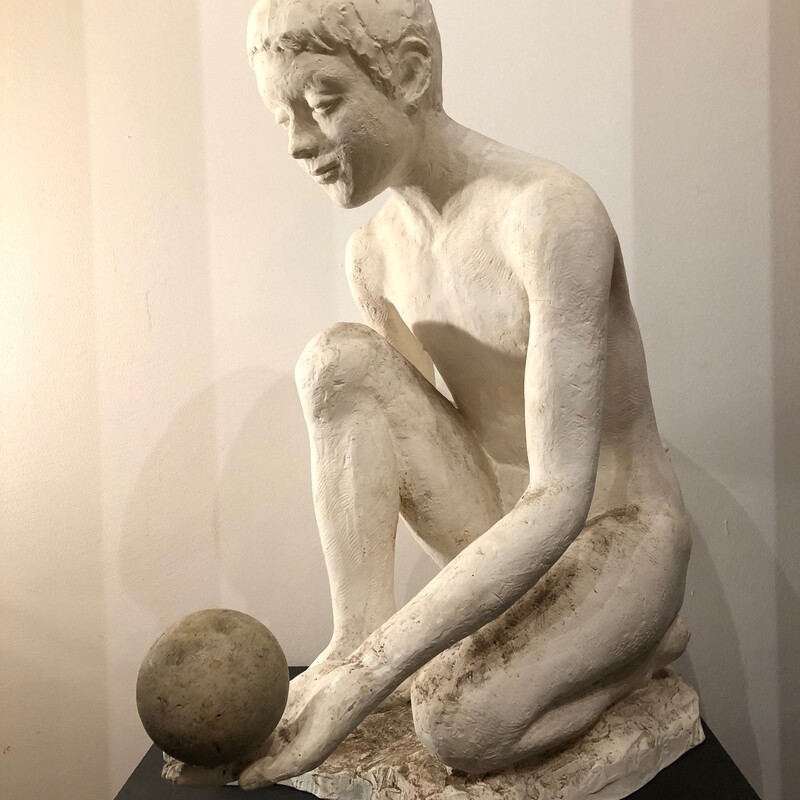 lifesize academic plaster sculpture of a kneeling boy and with outstretched hand , signed De Smet M 