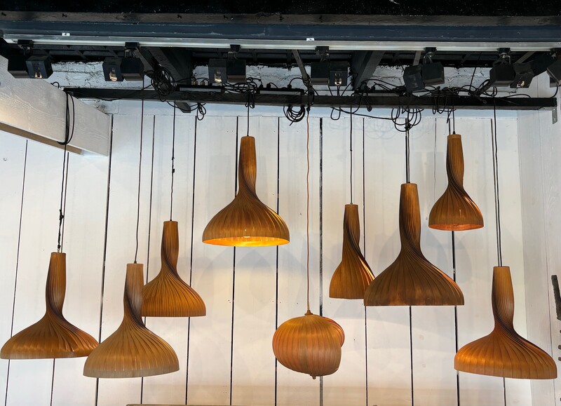 Nine(9) hanging lamps , pendants , in twisted pine wood by Hans-Agne Jakobsson