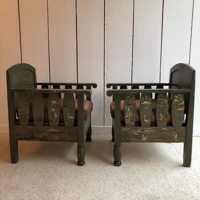 pair of armchairs with painted decor of Japanese scenes with geishas , cherry trees , Mount Fuji