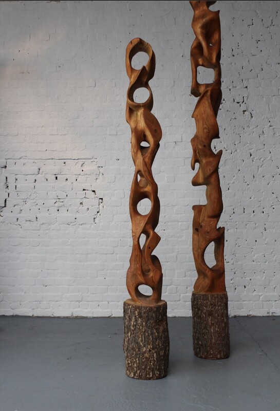 sculpture by Marc Lampens , two sculpted pine trunks , circa 1990