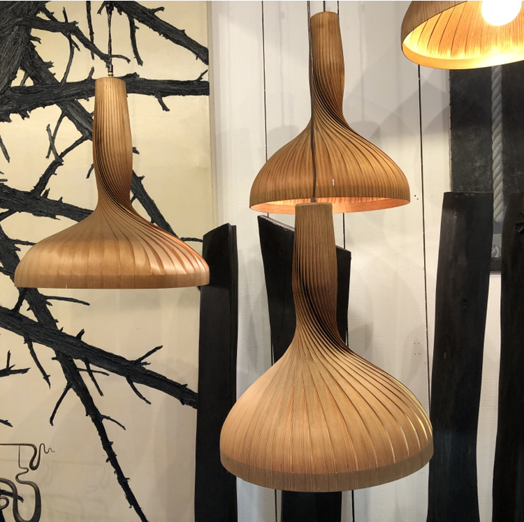 seven(7) hanging lamps , pendants , in twisted pine wood (larch wood) by Swedish designer Hans- Jakobsson (1919-2009) 