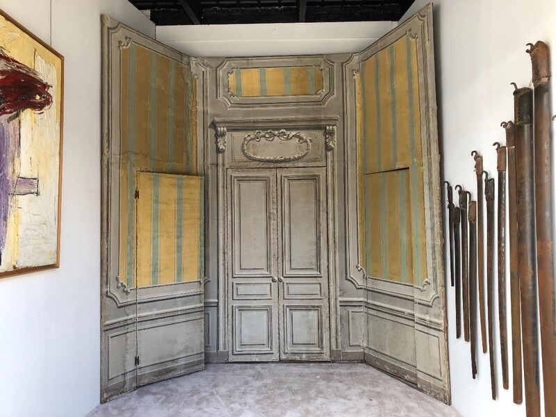 trompé l’œil theater grisaille decor in à Louis XVI style interior , canvas on frame 