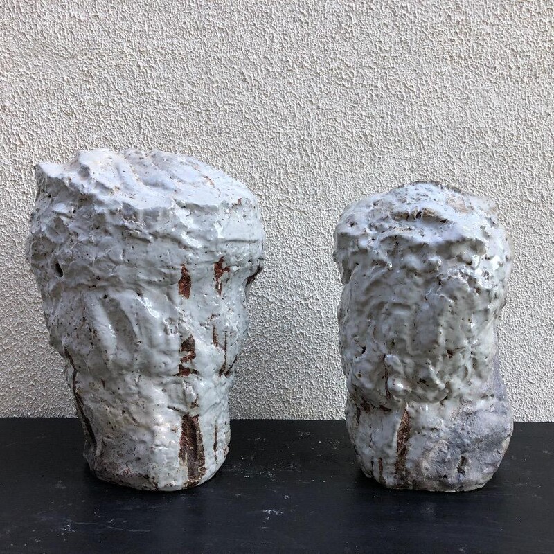 two monolithic ceramic glazed stoneware , with thick milky enamel ,  by Hervé Rousseau , La Borne