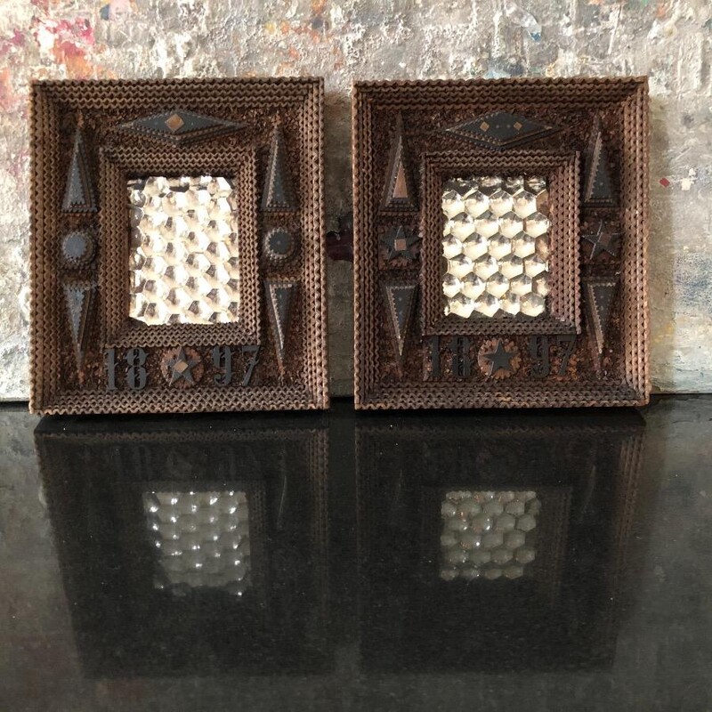 unusual pair of witch mirrors in a tramp art , folk art , hand carved , wooden frame