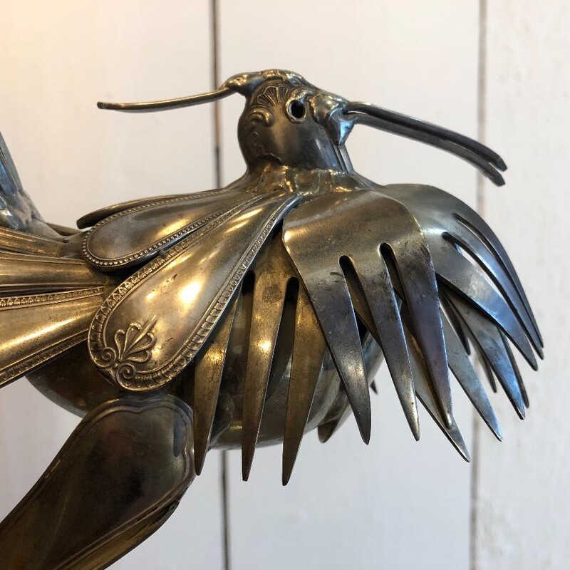 wader , crested egret , sculpture in welded cutlery , in the taste of Gérard Bouvier 